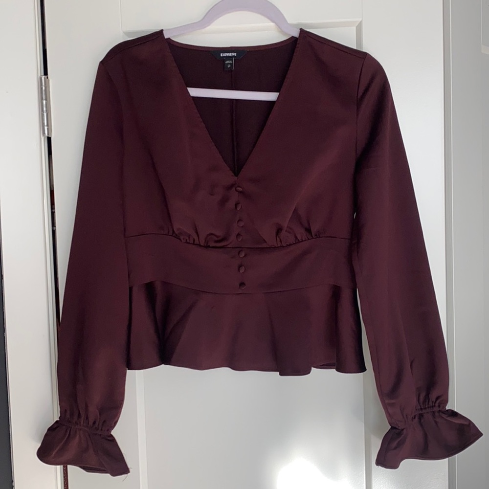 Express | Burgundy Peplum Long Sleeve Blouse